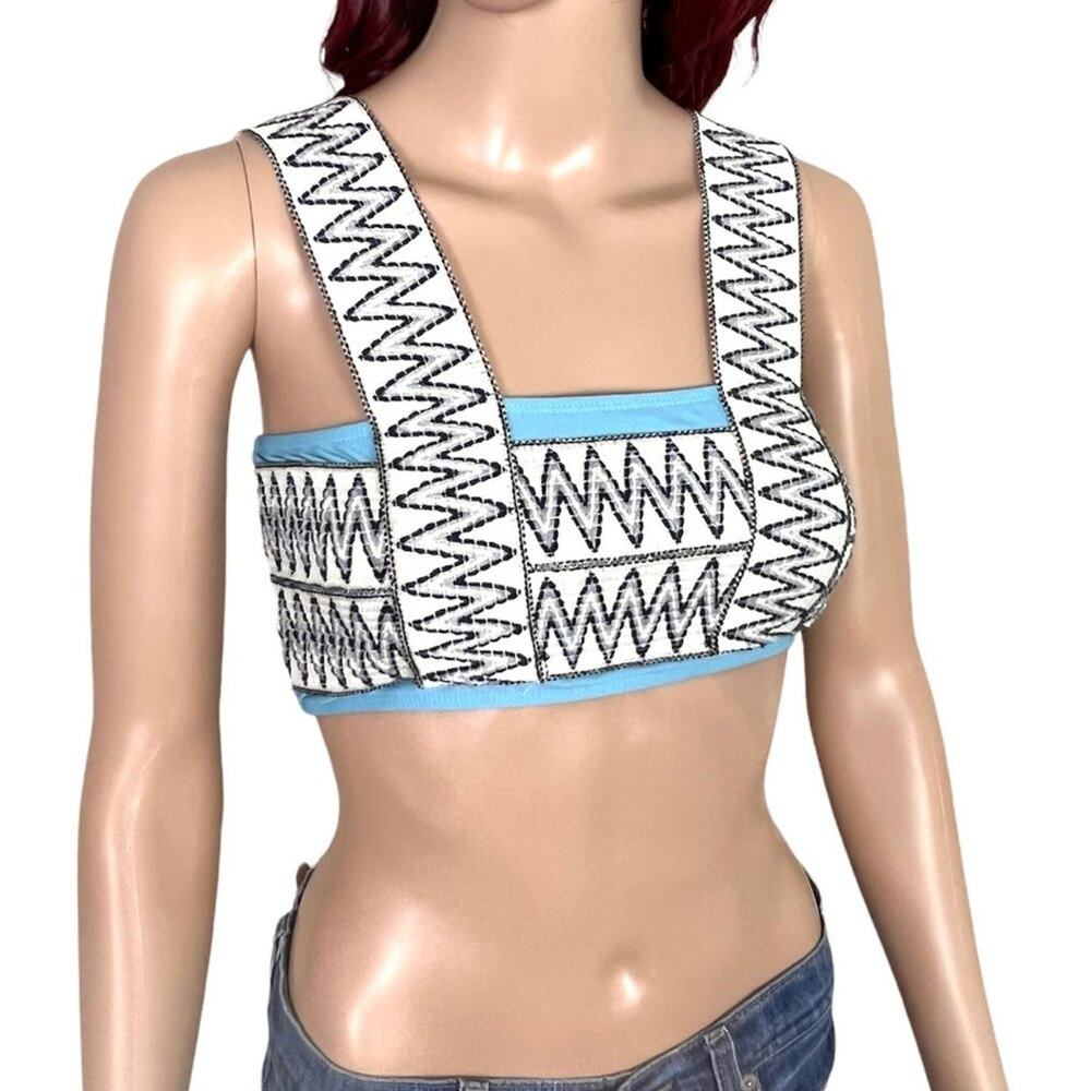 Zig Zag Embroidered Bandeau Crop Top Womens Small Turquoise White Wide Strap